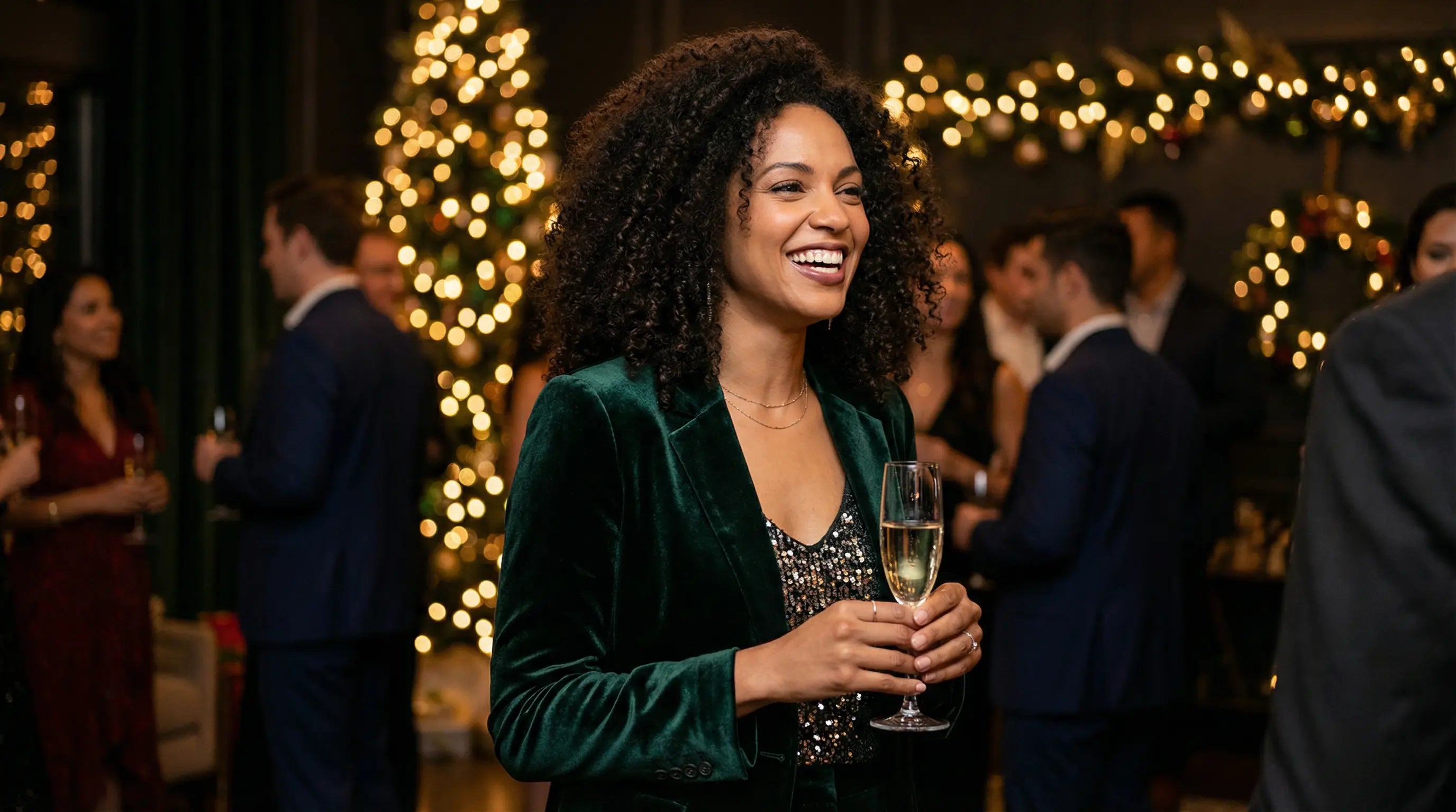 A woman with beautiful, defined curly hair at an elegant holiday party.