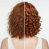 Before and after comparison of red hair styled with curls on a white background