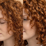 Side-by-side comparison of a person with red curly hair. Woman showcasing defined, hydrated curls styled with Wuli Hair Care Australian-made vegan products