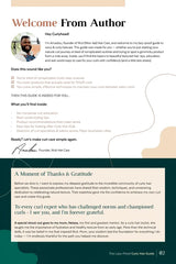 Welcome page featuring author Amadou Doumbia's photo and introduction to the curly hair guide. The page includes a checklist of common curly hair struggles and outlines what readers will find inside, including no-nonsense curl education, real-world styling tips, product recommendations, and tips for caring for curly hair kids.