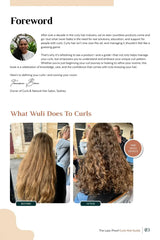 Foreword page by Tomasina Boone, Owner of Curls & Natural Hair Salon Sydney, alongside dramatic before and after photos showing 'The Wuli Effect' - transformation from frizzy, undefined hair to beautifully defined, bouncy curls.