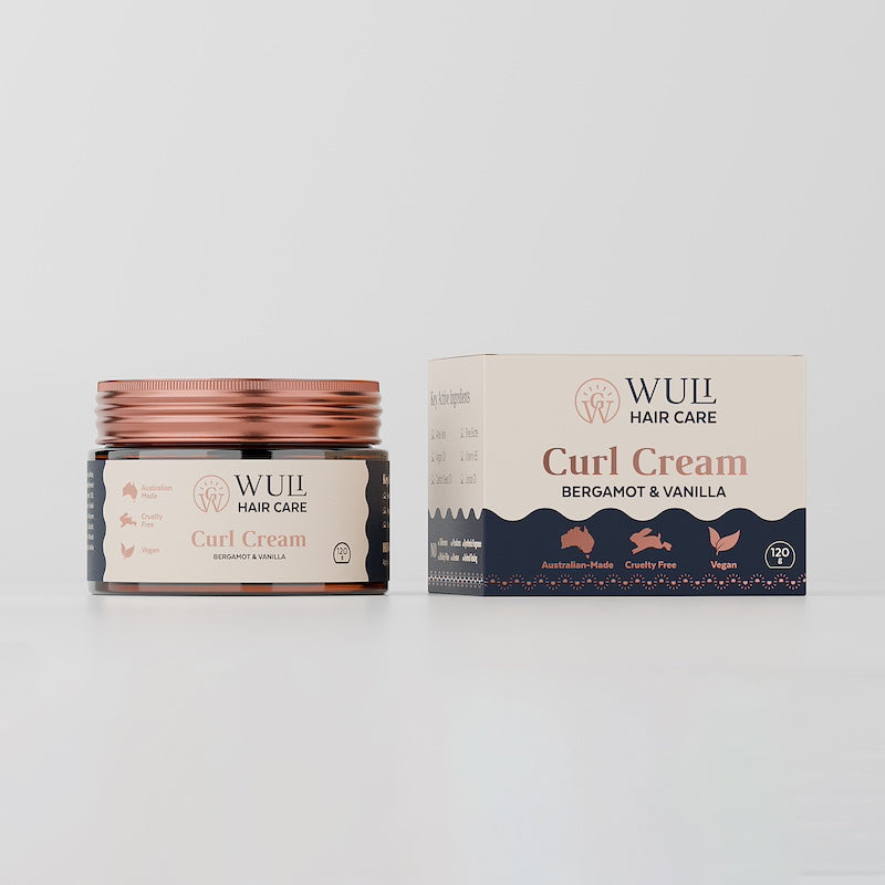 Wuli Hair Care Curl Cream Jar and Carton in Bergamot & Vanilla