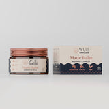 Wuli Hair Care Matte Balm jar and packaging in Bergamot and Vanilla scent, an Australian-made vegan styling balm for curly and wavy hair