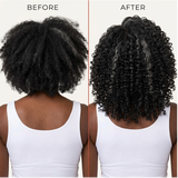 Before and after comparison of a person's hair transformation with curly hair on a white background.