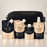 Wuli Travel Kit: Deep Detox Shampoo, Moisturising Co-Wash, Curl Cream and Sea Salt Spray travel pouches with the zip toiletry bag