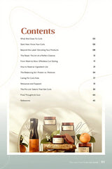 Contents page of The Lazy-Proof Curly Hair Guide showing chapter listings including 'Start Here: Know Your Curls', 'Beyond the Label: Decoding Your Products', 'The Reset: The Art of a Perfect Cleanse', and other chapters. Features an elegant product display of Wuli Hair Care products at the bottom.