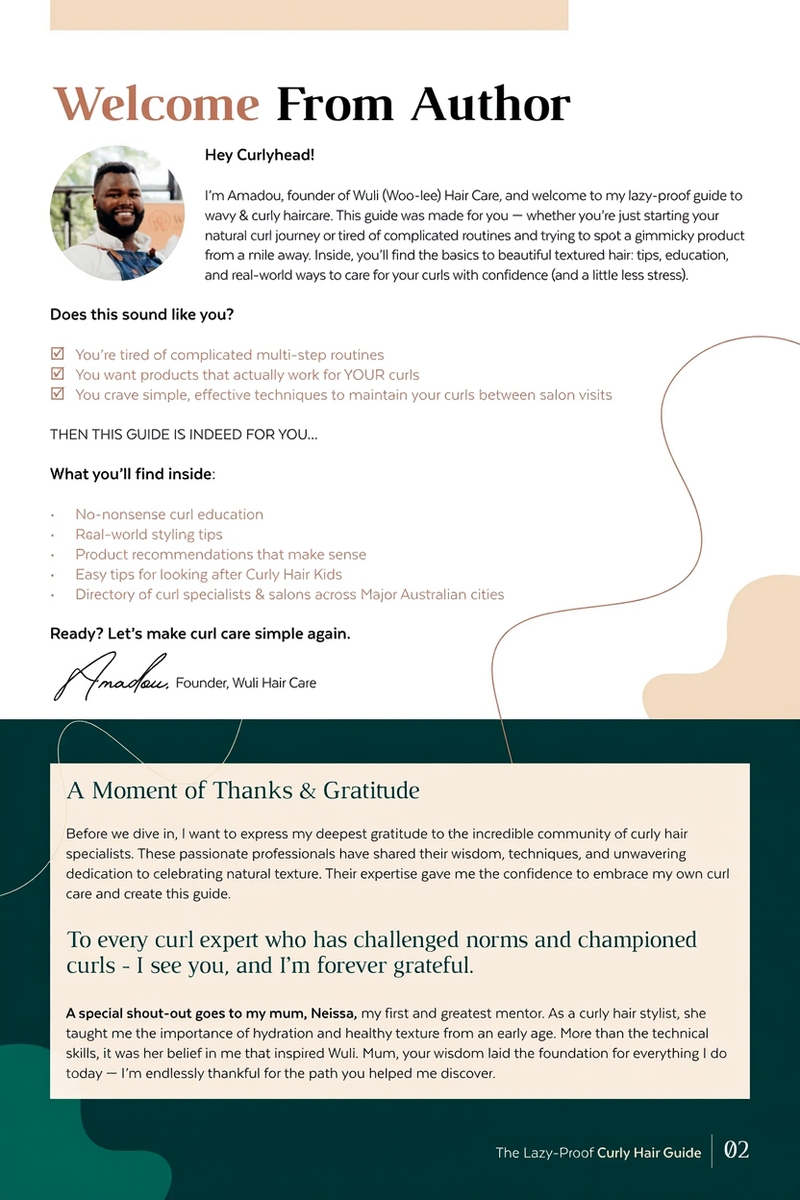 Welcome page featuring author Amadou Doumbia's photo and introduction to the curly hair guide. The page includes a checklist of common curly hair struggles and outlines what readers will find inside, including no-nonsense curl education, real-world styling tips, product recommendations, and tips for caring for curly hair kids.